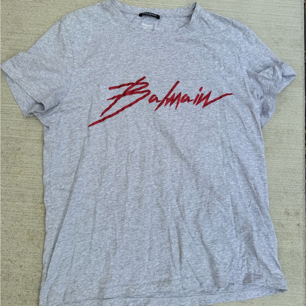 Balmain Light Gray Tee with Bold Red Script